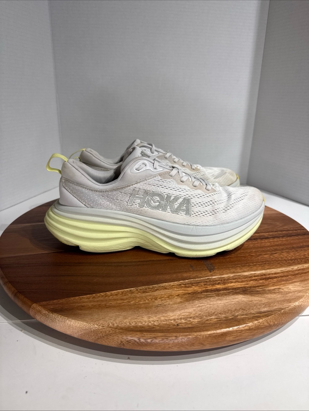 Hoka One One Bondi 8 Women's Size 9B Shoes White Gray Yellow Running Jogging